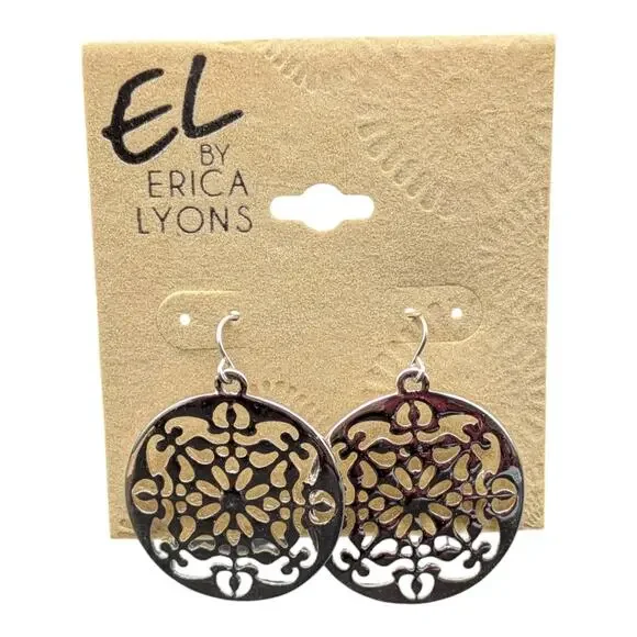 EL by Erica Lyons Silver Tone Filigree Drop Earrings Round Boho Dangle NWT - Picture 9 of 11